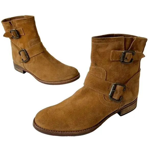 SAKS FIFTH AVENUE ITALY 10022 SHOES CAMEL SUEDE ANKLE BUCKLE BOOTS