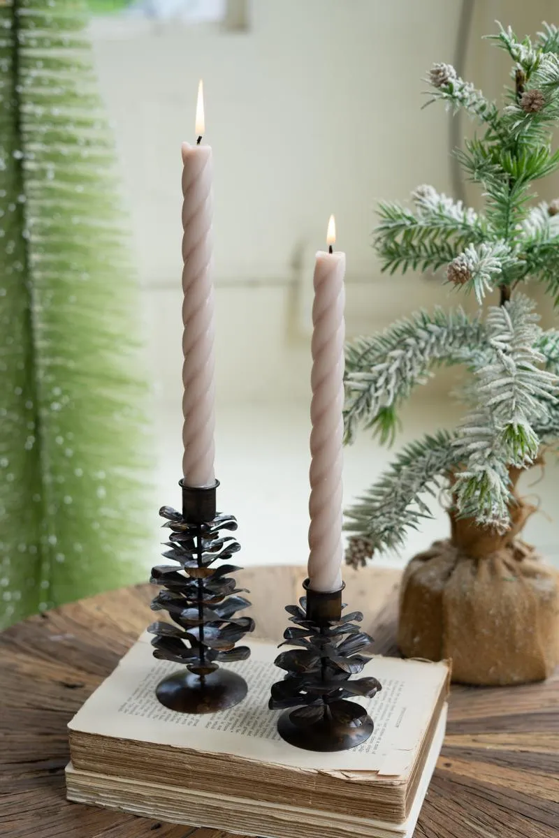Set of 2 Antique Brown Metal Pine Cone Taper Holders (Pack of 4)