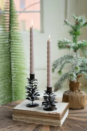Set of 2 Antique Brown Metal Pine Cone Taper Holders (Pack of 4)