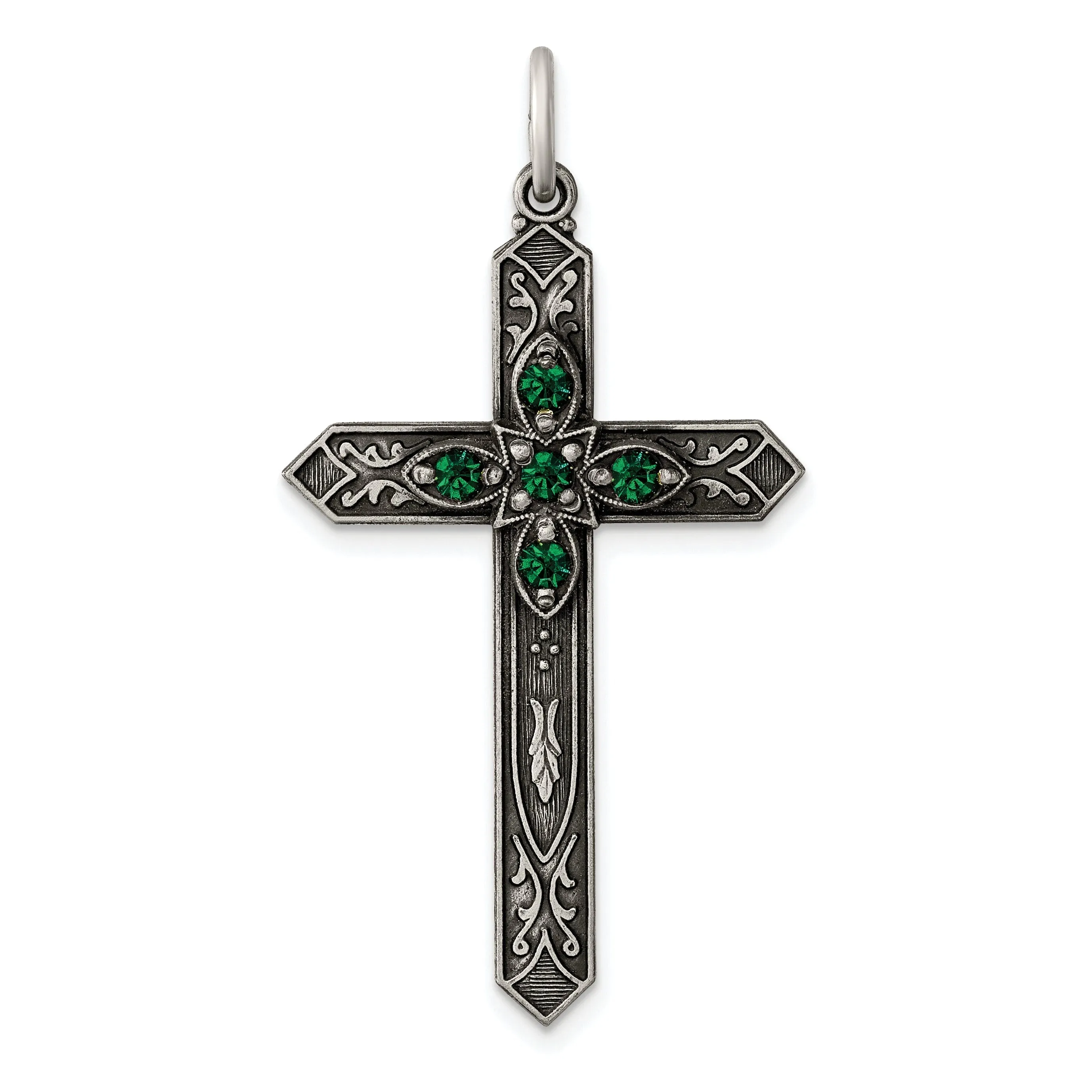 Silver Antique May Birthstone Cross Pendant