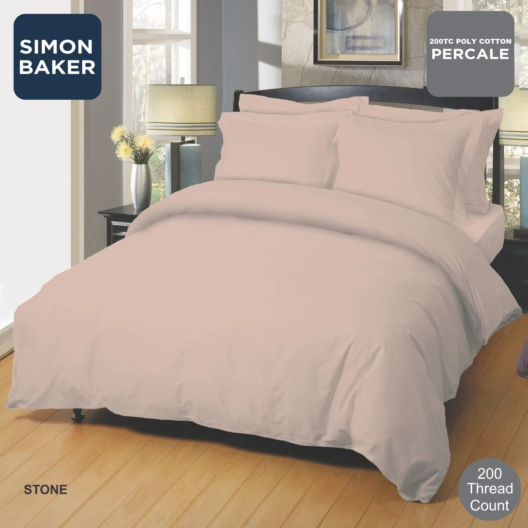Simon Baker Stone 200 Thread Count Cotton Percale Duvet Cover Set