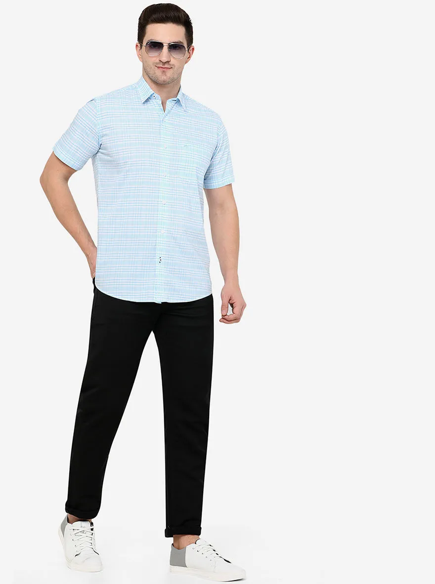 Sky Blue Checked Slim Fit Casual Shirt | JadeBlue