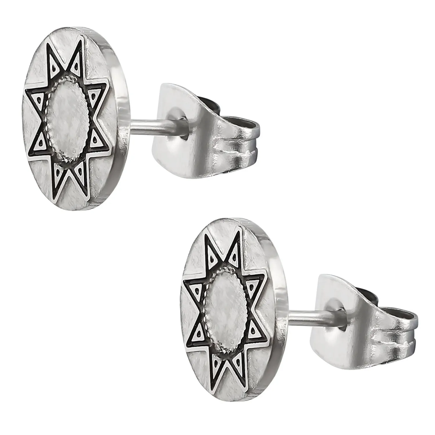 Stainless Steel Antique Sun God Two-Tone Illusion Round Circle Button Stud Post Earrings