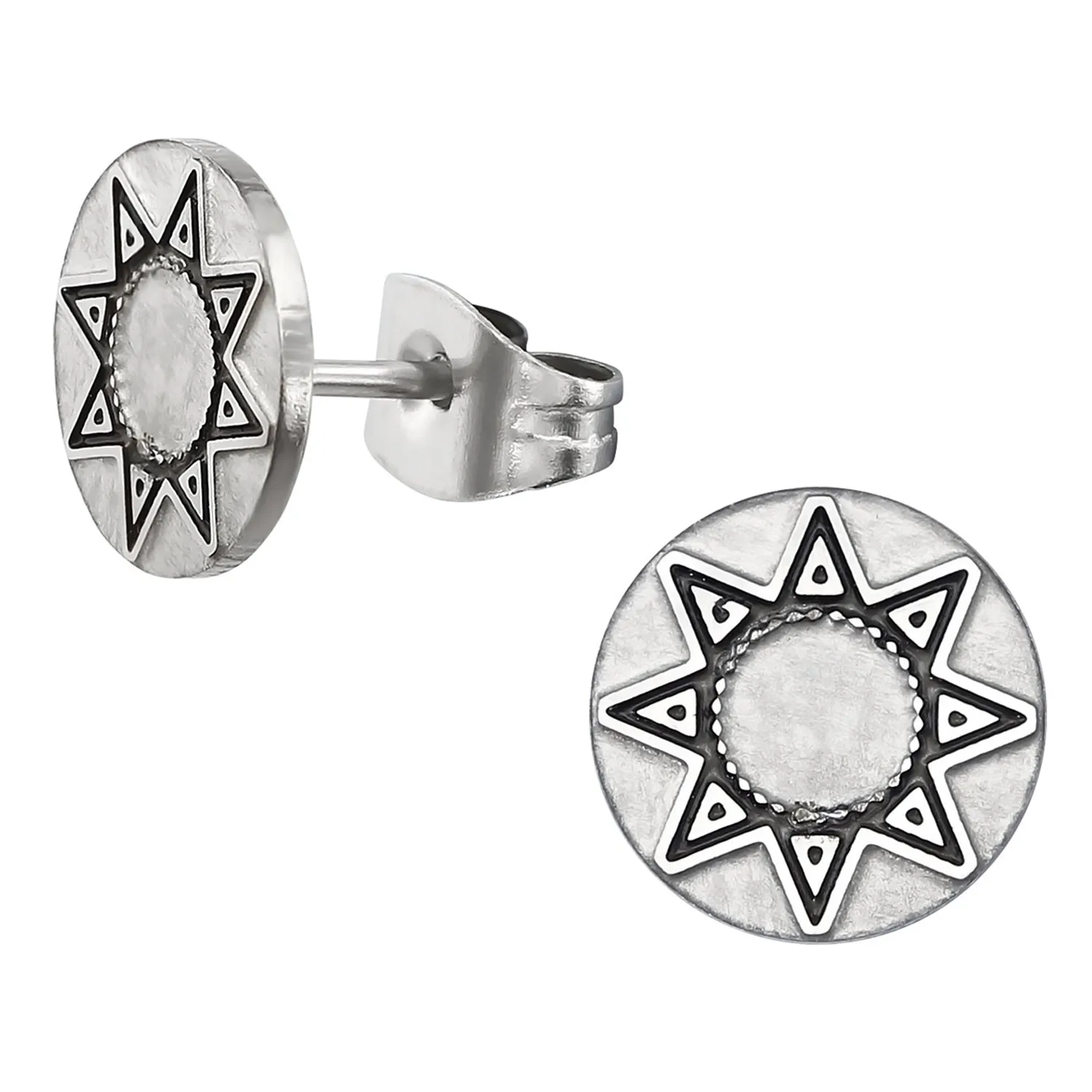 Stainless Steel Antique Sun God Two-Tone Illusion Round Circle Button Stud Post Earrings