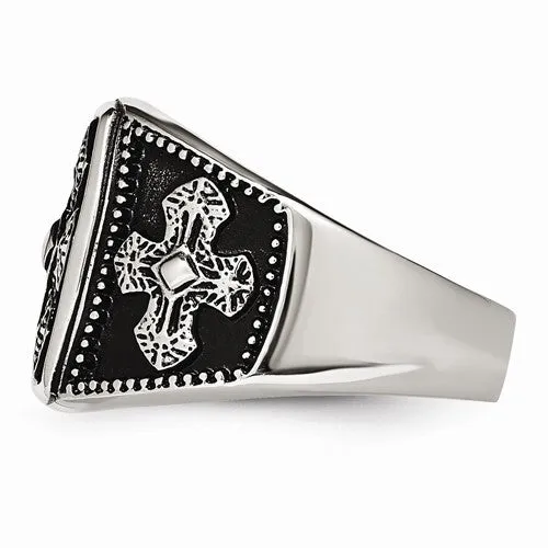 Stainless Steel Polished And Antiqued Cross Ring