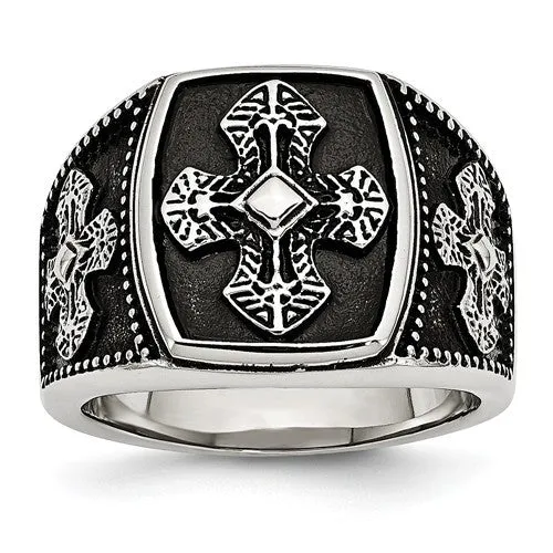 Stainless Steel Polished And Antiqued Cross Ring