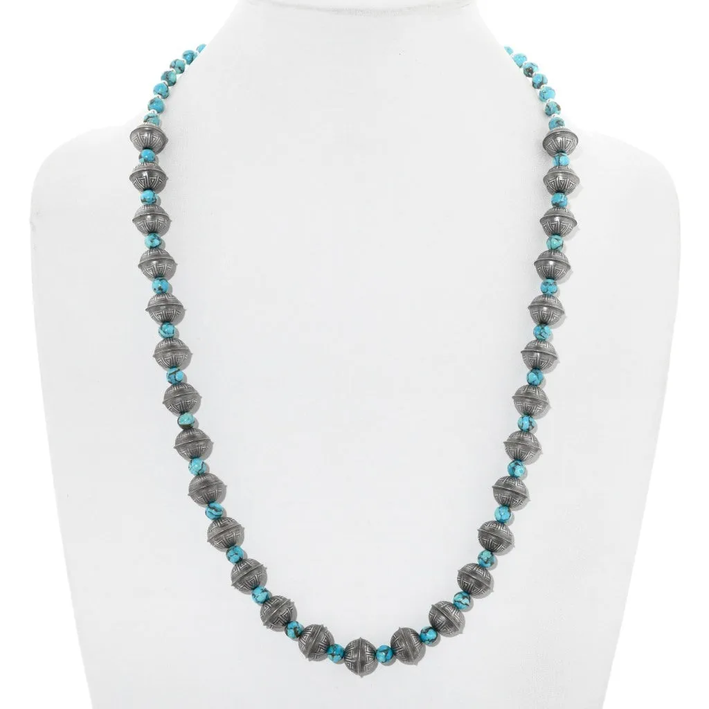Stamped Navajo Pearl and Turquoise Necklace