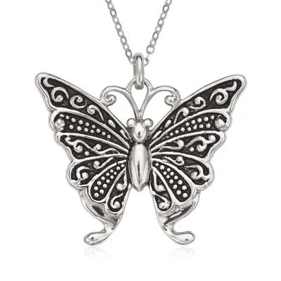 Sterling Silver Antique Finish Butterfly Necklace (91896)