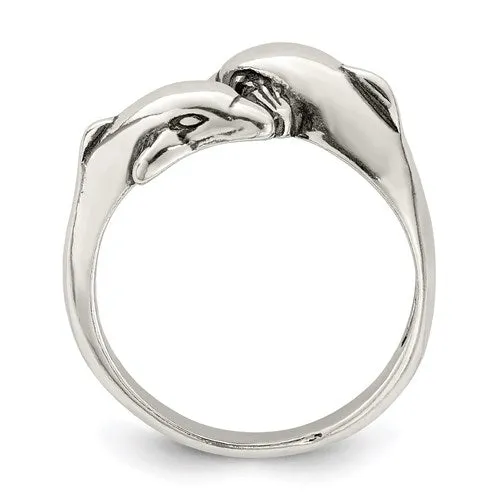 Sterling Silver Antique Finish Double Dolphin Ring