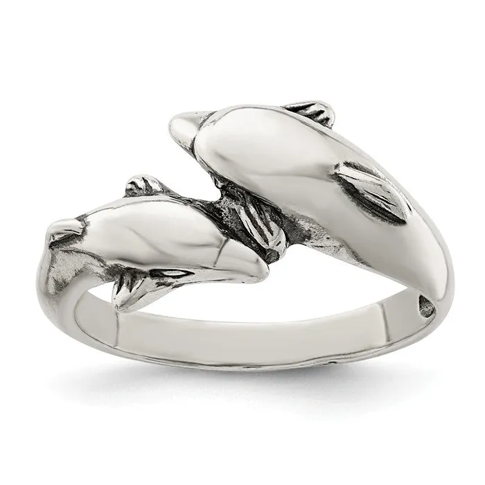 Sterling Silver Antique Finish Double Dolphin Ring