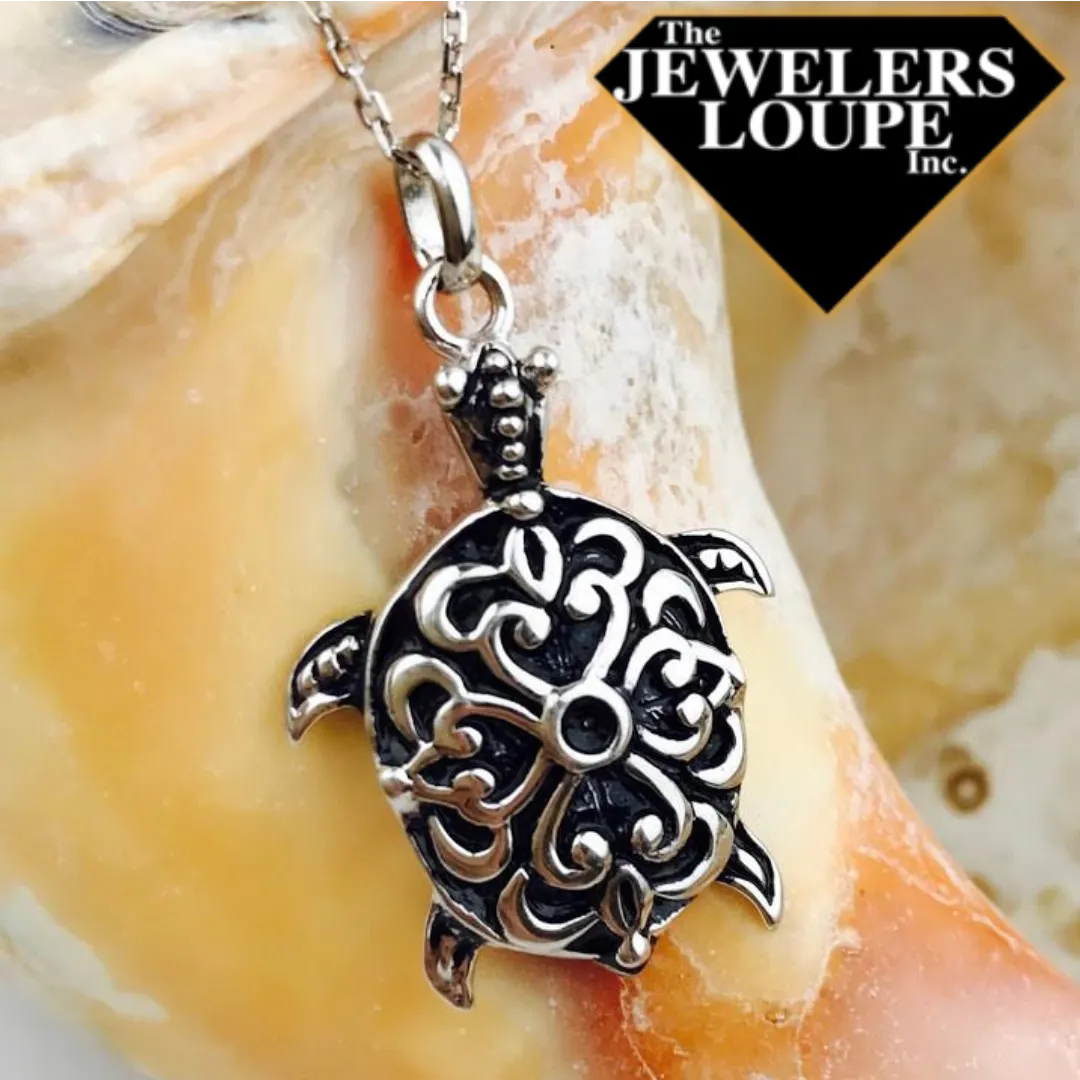 Sterling Silver Antique Finish Sea Turtle Necklace (90099)