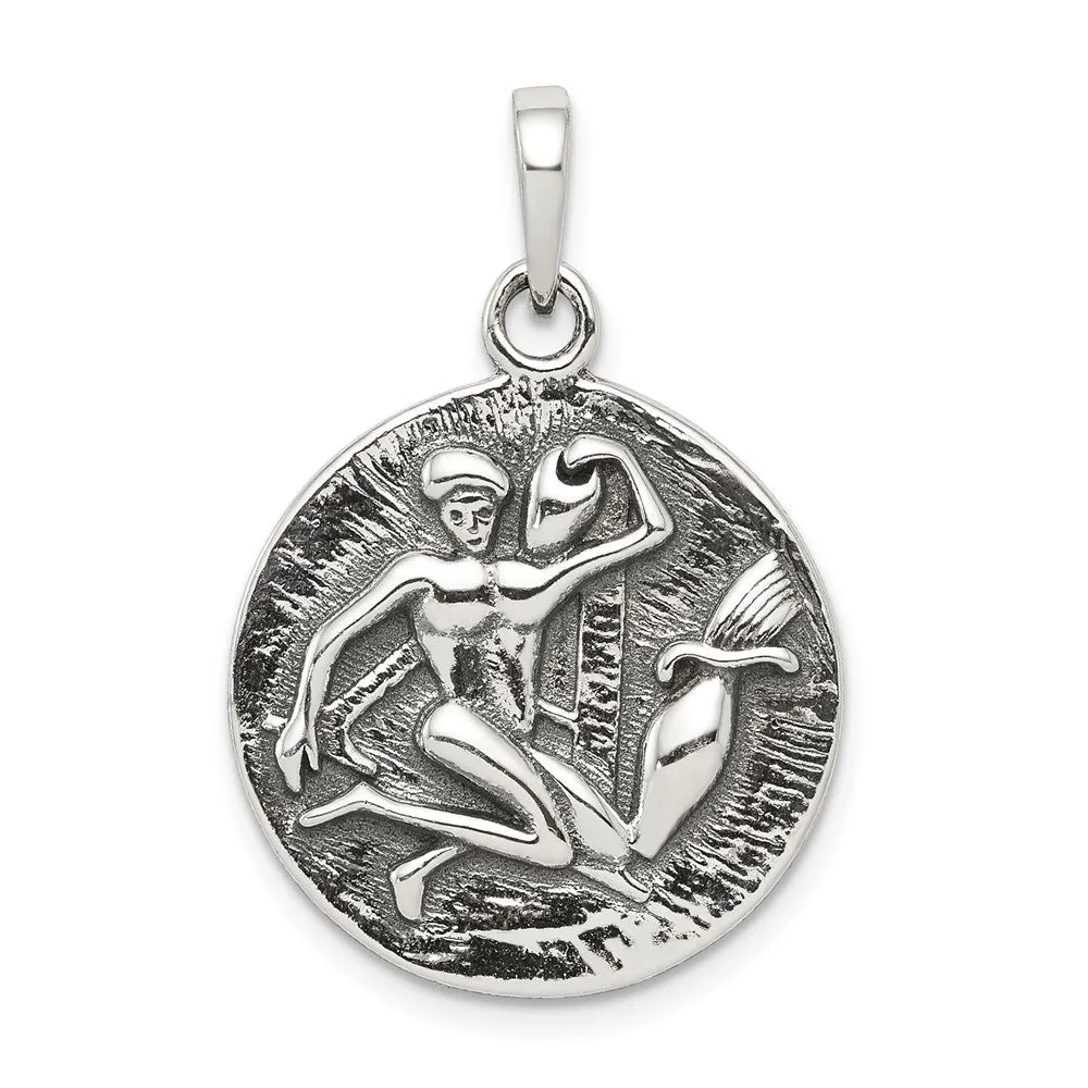 Sterling Silver Polished Antique Finish Aquarius Horoscope Pendant