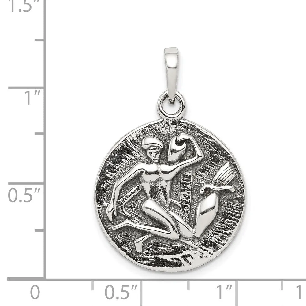 Sterling Silver Polished Antique Finish Aquarius Horoscope Pendant