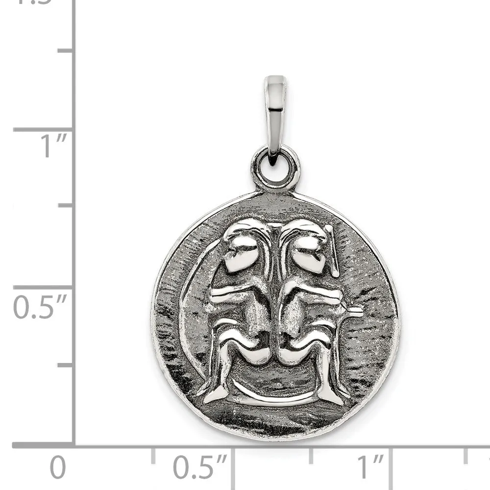 Sterling Silver Polished Antique Finish Gemini Horoscope Pendant