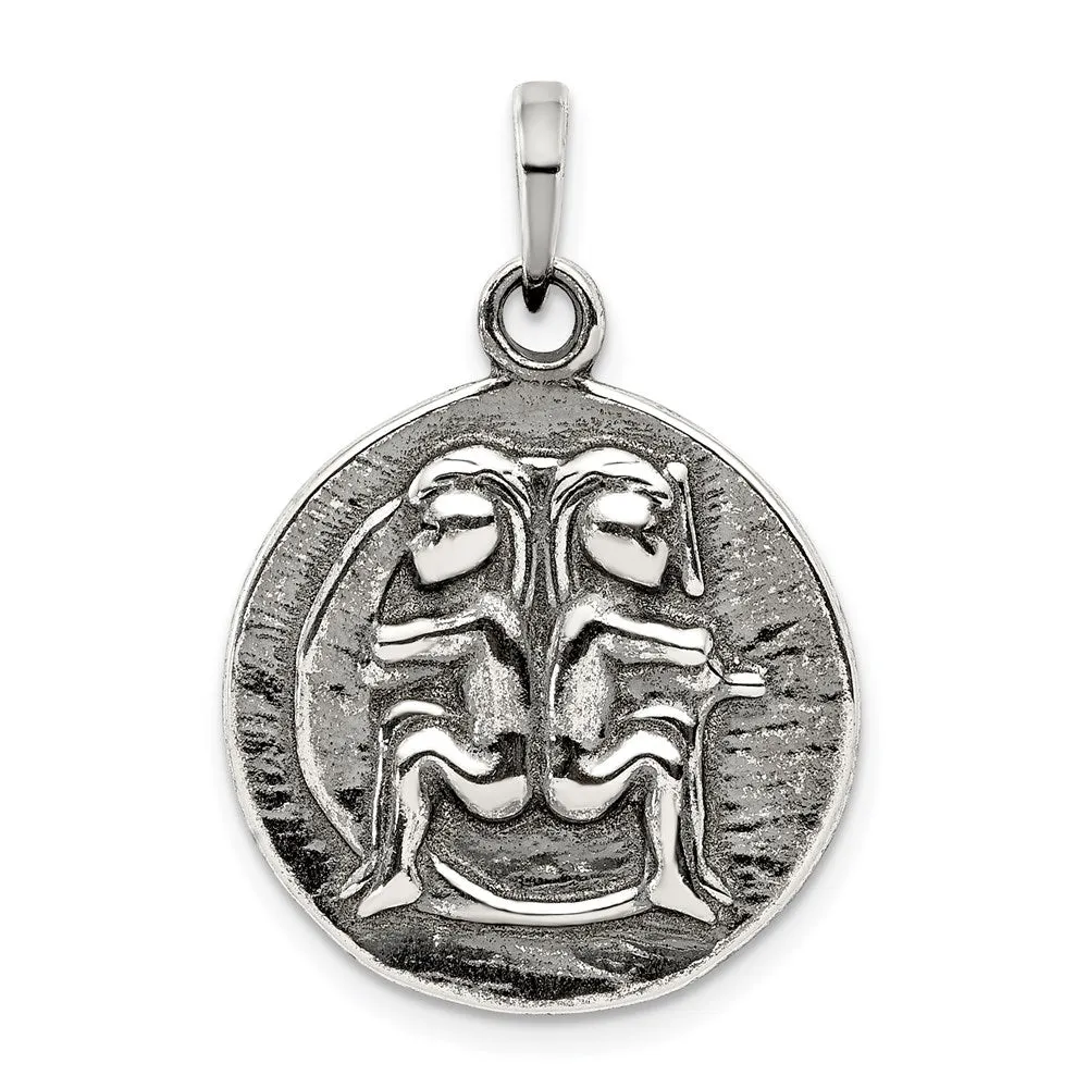 Sterling Silver Polished Antique Finish Gemini Horoscope Pendant