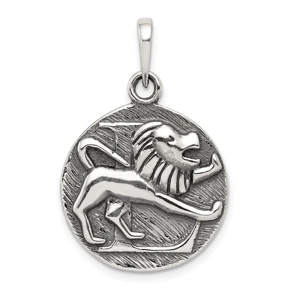 Sterling Silver Polished Antique Finish Leo Horoscope Pendant