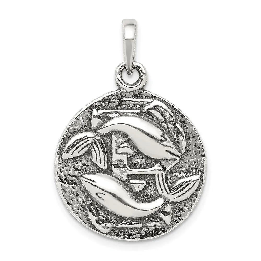 Sterling Silver Polished Antique Finish Pisces Horoscope Pendant