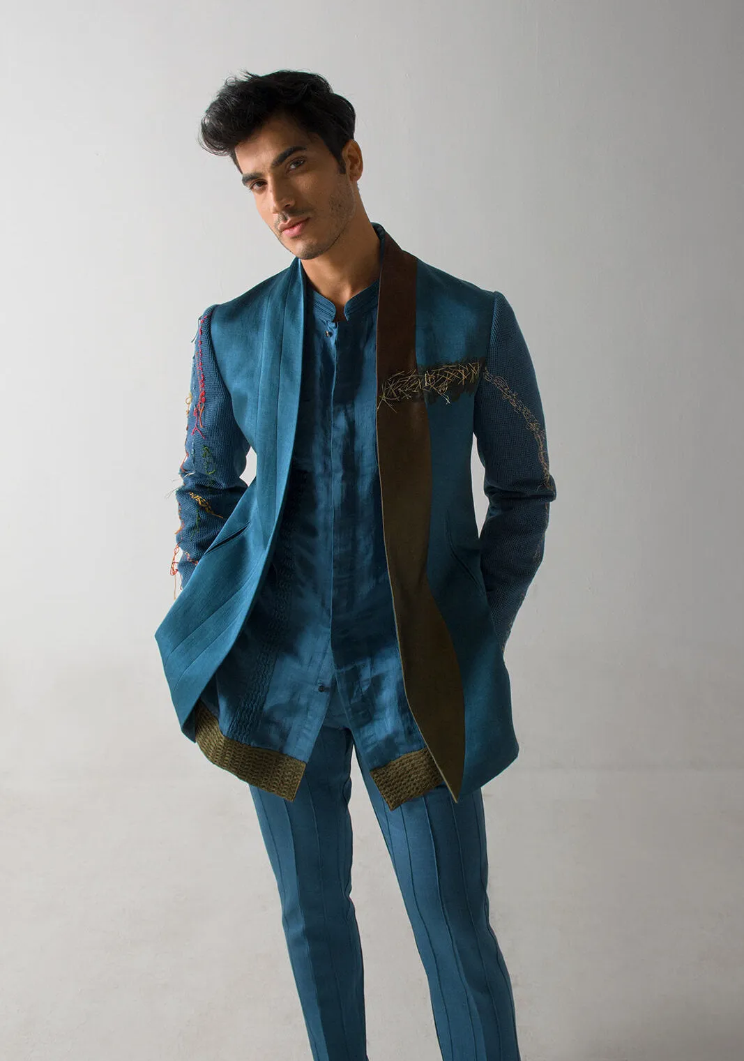 Teal guitar blazer and kurta set