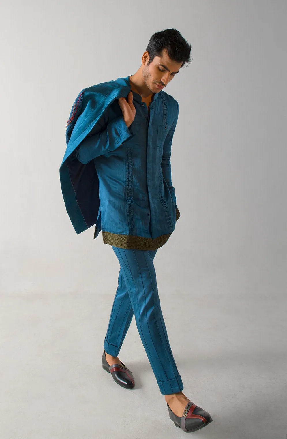 Teal guitar blazer and kurta set
