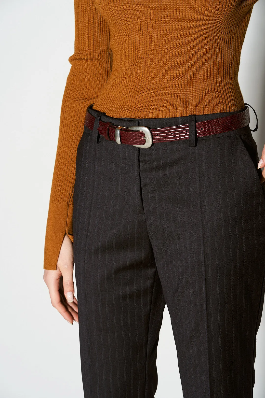 thin burgundy lizard skin belt
