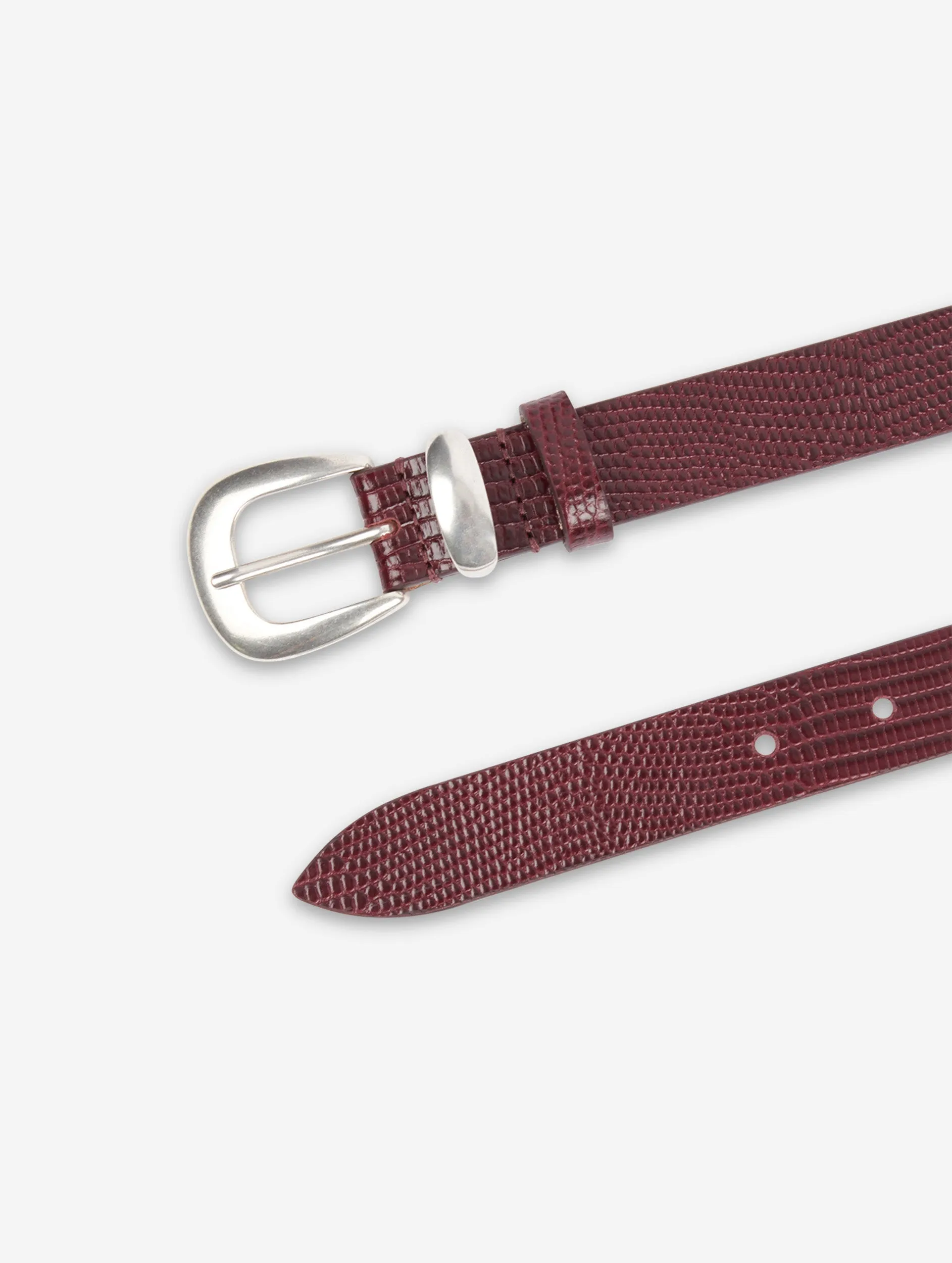 thin burgundy lizard skin belt