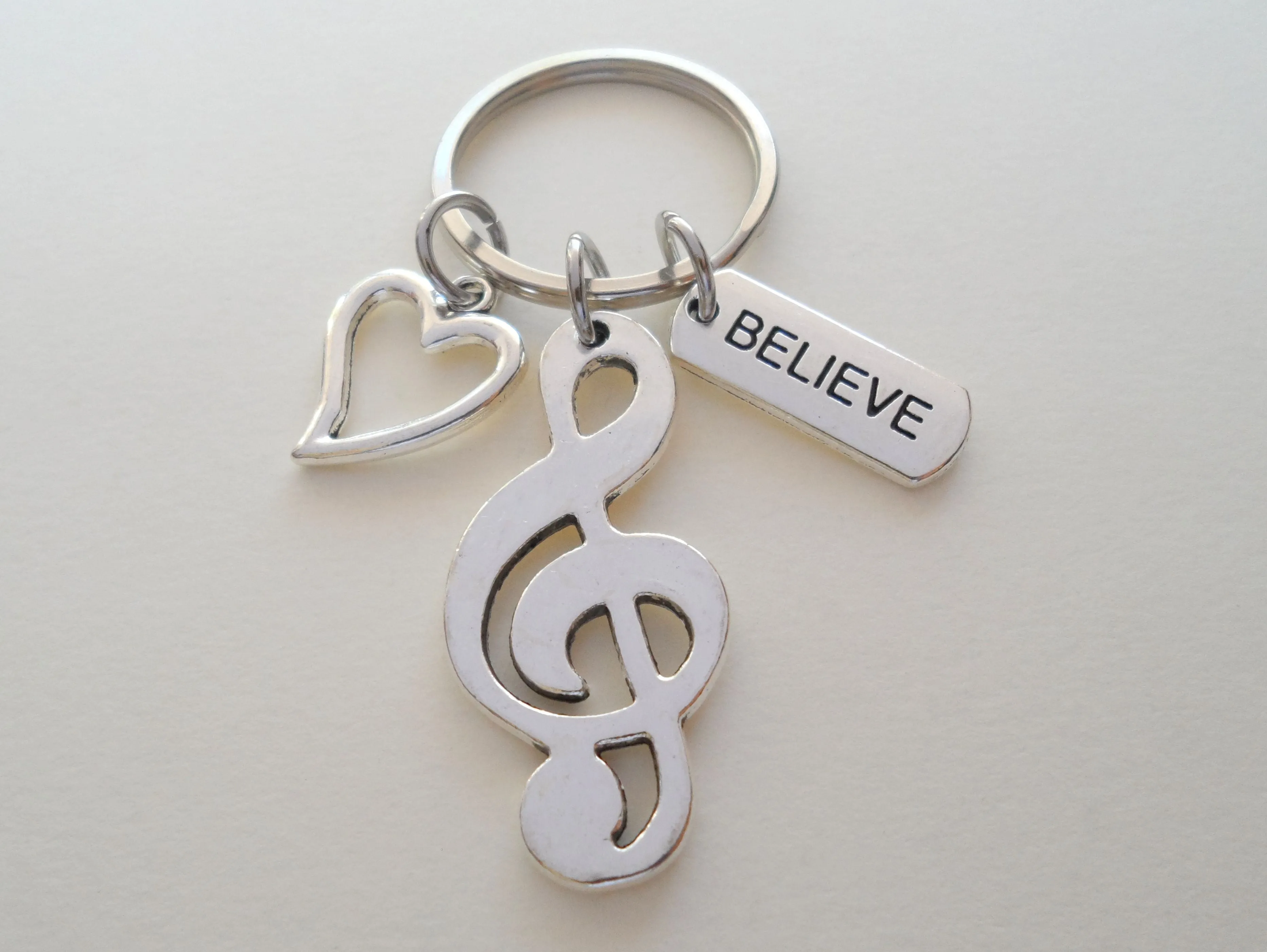 Treble Clef, Believe, & Heart Charm Keychain, Musician Keychain, Music Teacher, School Staff, or Volunteer