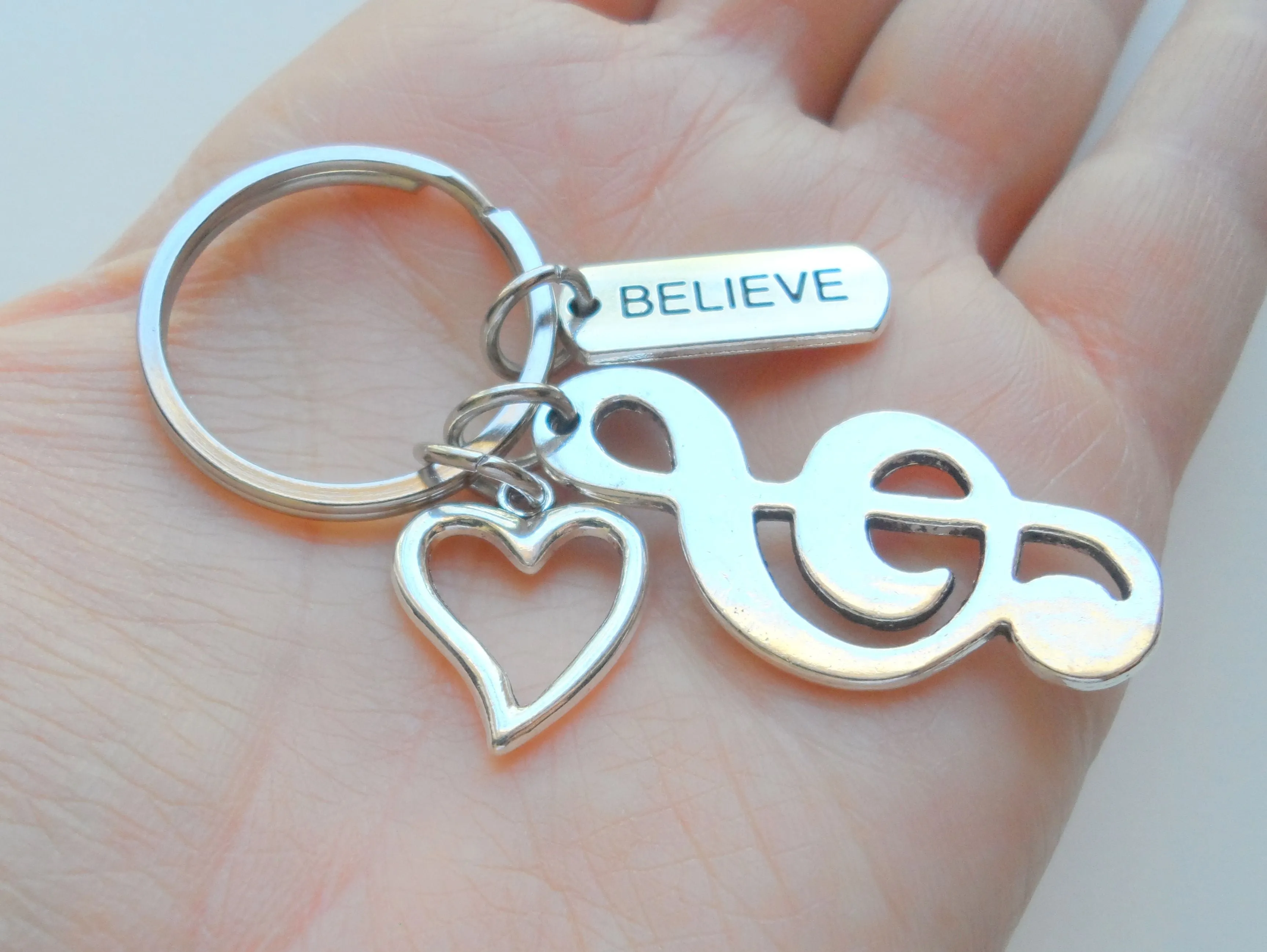 Treble Clef, Believe, & Heart Charm Keychain, Musician Keychain, Music Teacher, School Staff, or Volunteer
