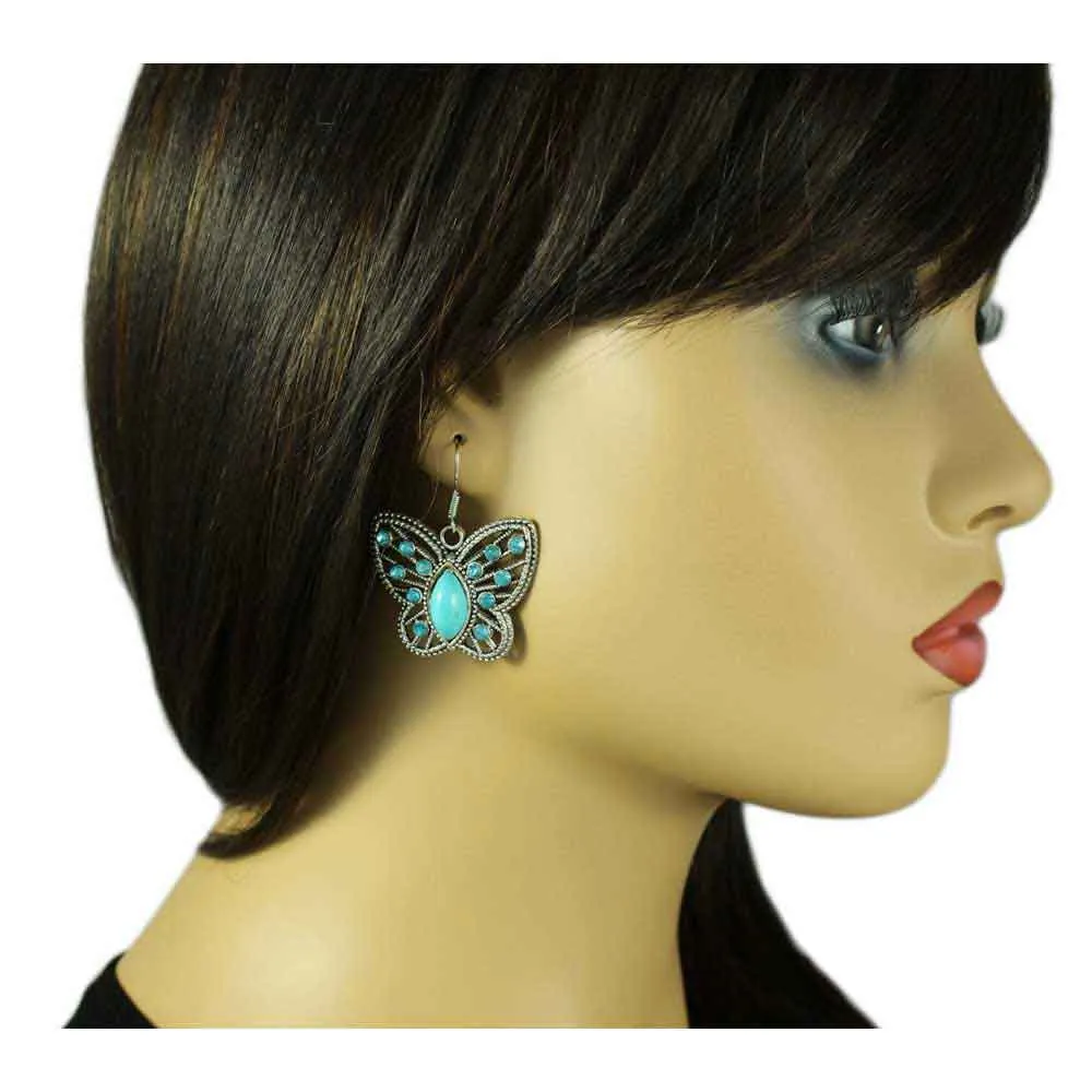 Turquoise with Blue Crystals Butterfly Pierced Earring - PT511E