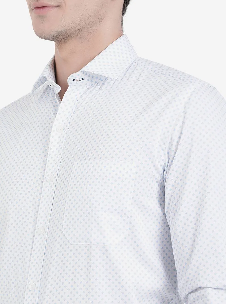 White & Blue Printed Slim Fit Formal Shirt | Greenfibre