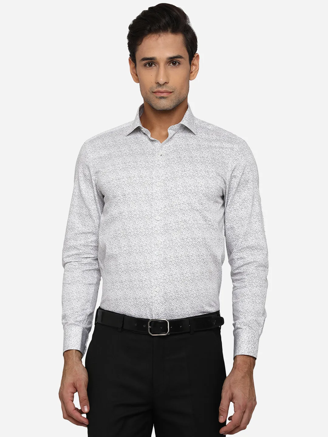 White & Grey Printed Slim Fit Formal Shirt | Greenfibre