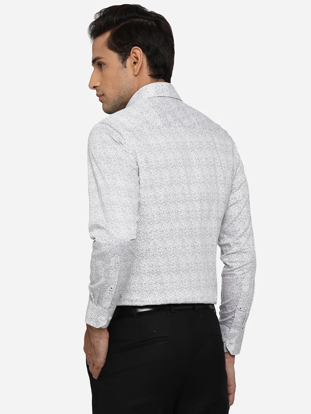 White & Grey Printed Slim Fit Formal Shirt | Greenfibre