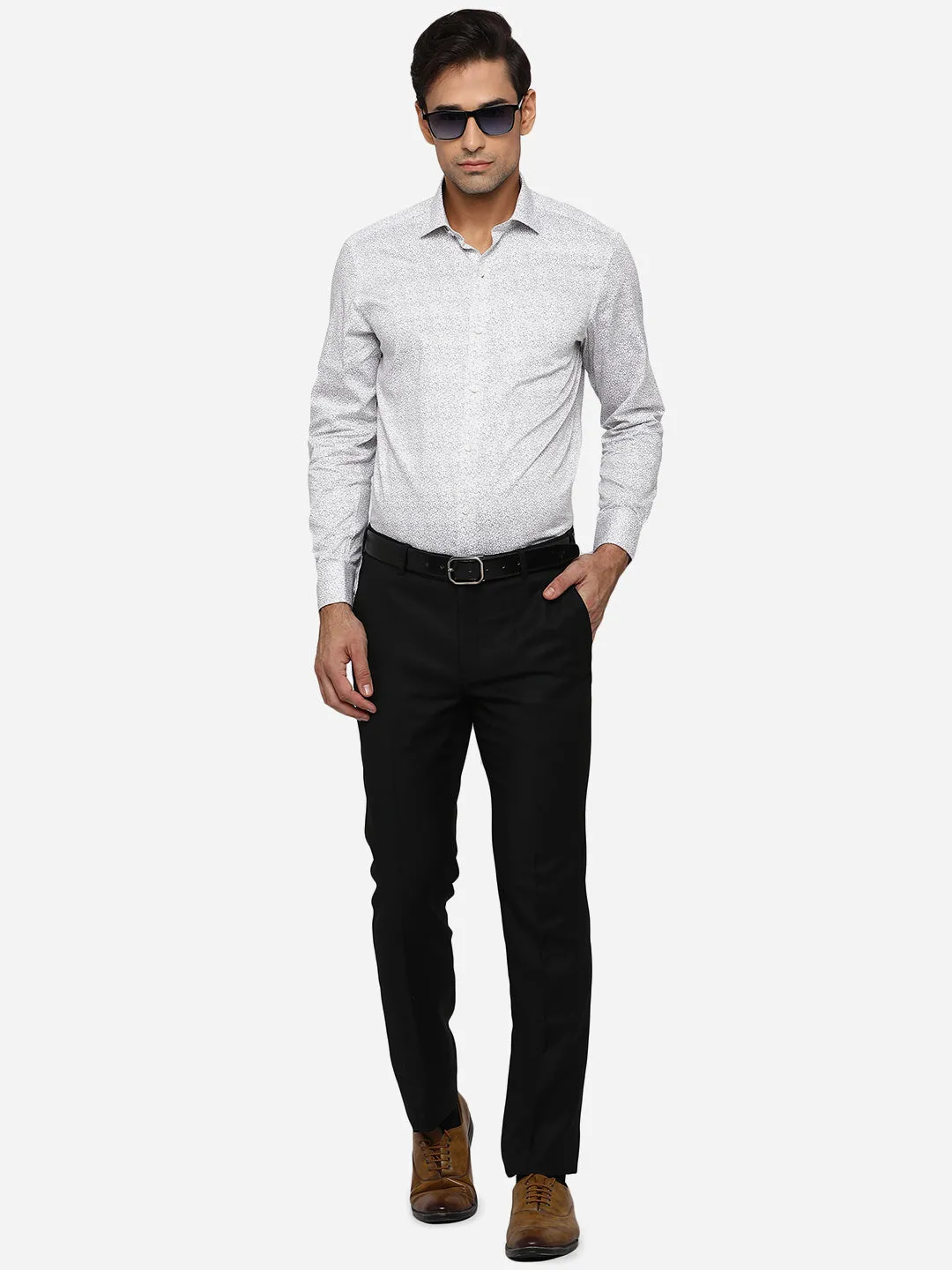 White & Grey Printed Slim Fit Formal Shirt | Greenfibre