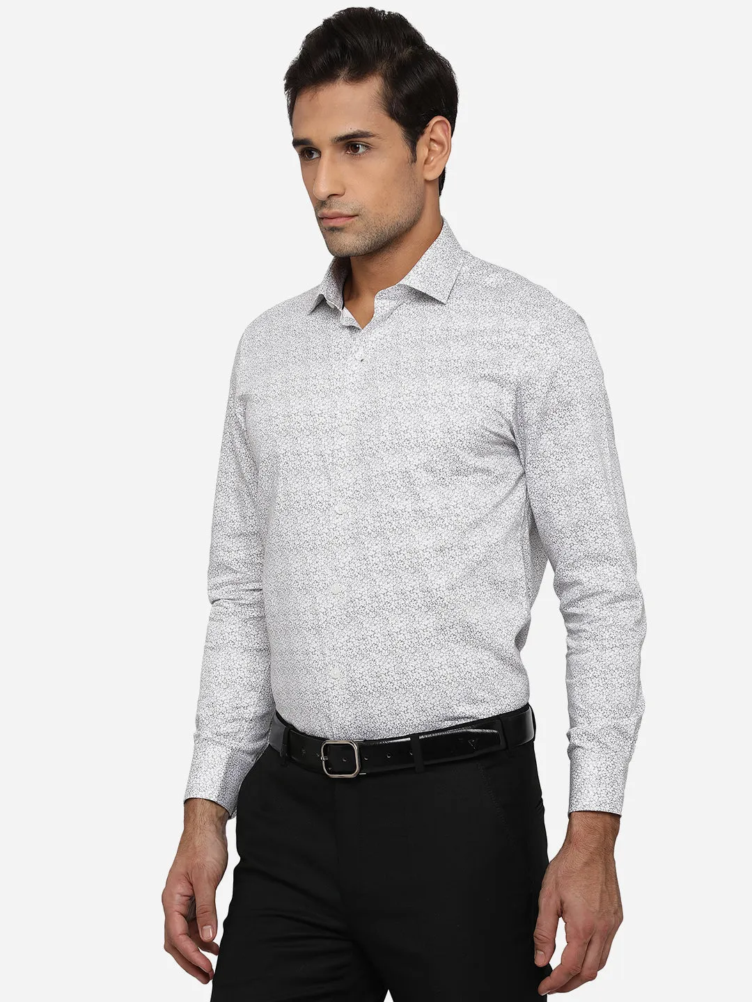 White & Grey Printed Slim Fit Formal Shirt | Greenfibre