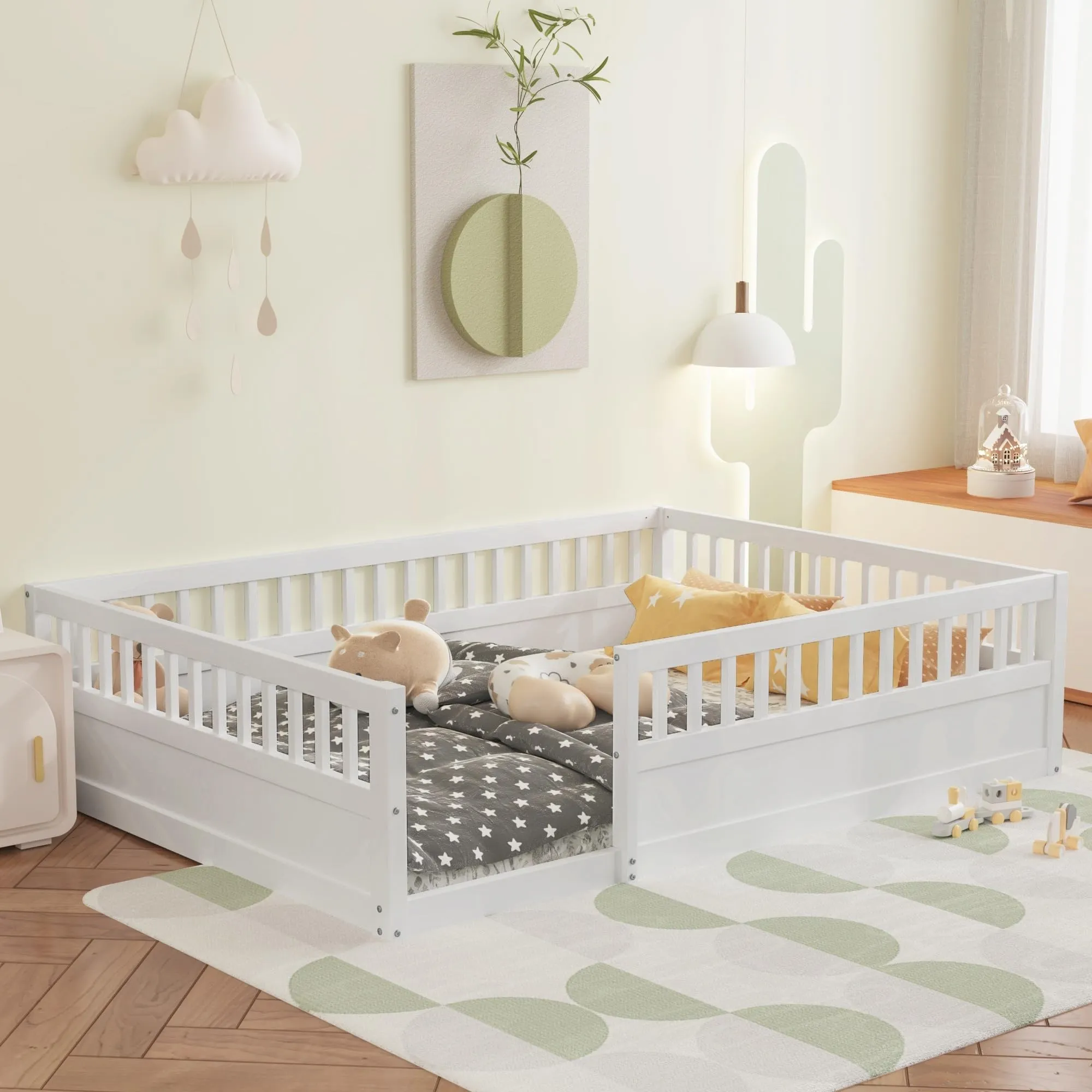 White Full Size Floor Bed Frame with Fence Kids Beds for Bedroom