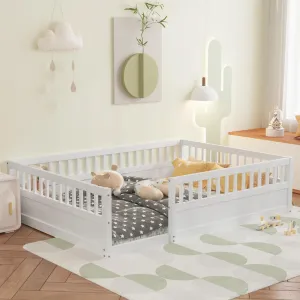 White Full Size Floor Bed Frame with Fence Kids Beds for Bedroom