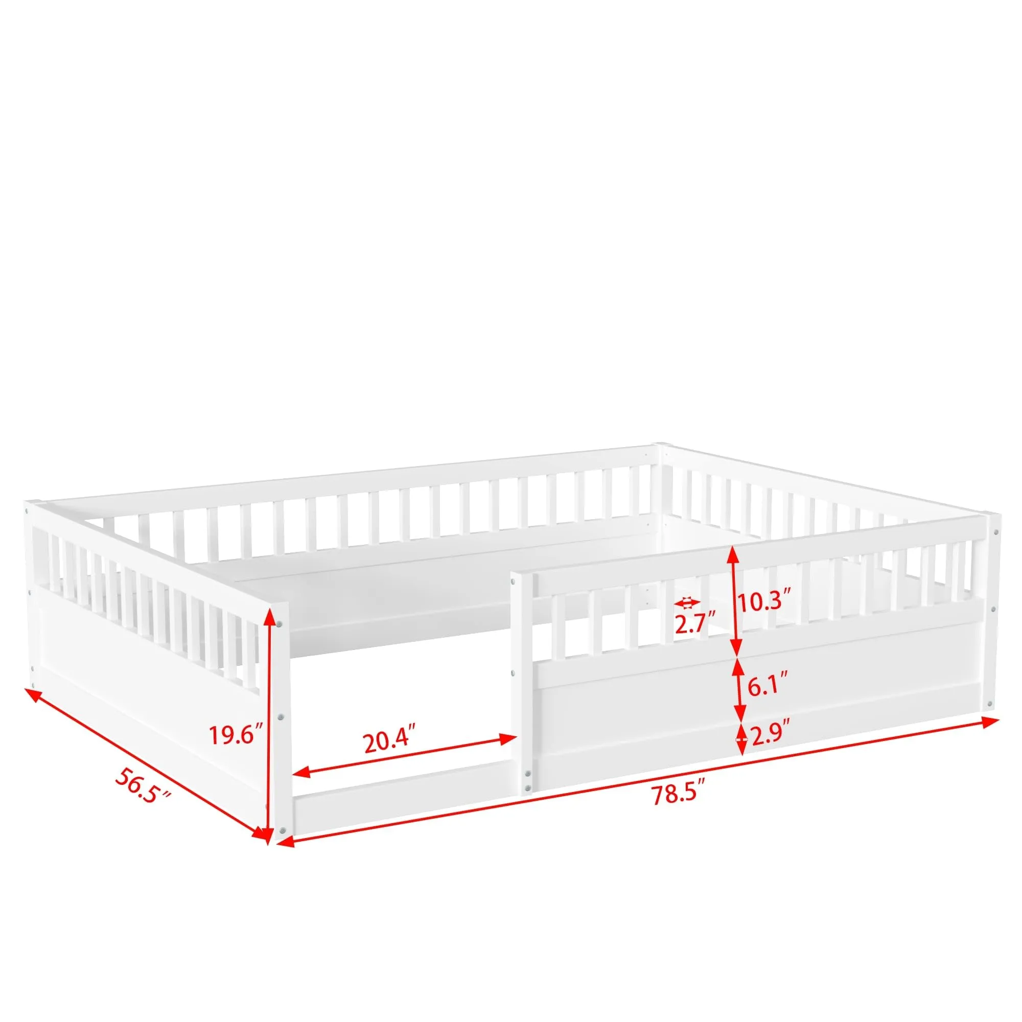 White Full Size Floor Bed Frame with Fence Kids Beds for Bedroom