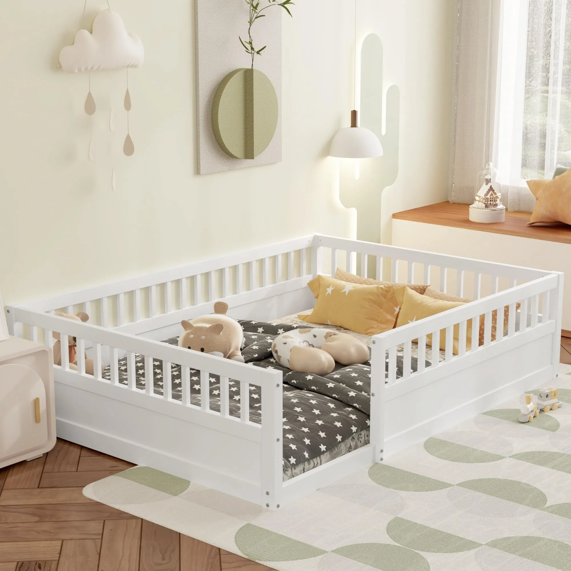 White Full Size Floor Bed Frame with Fence Kids Beds for Bedroom