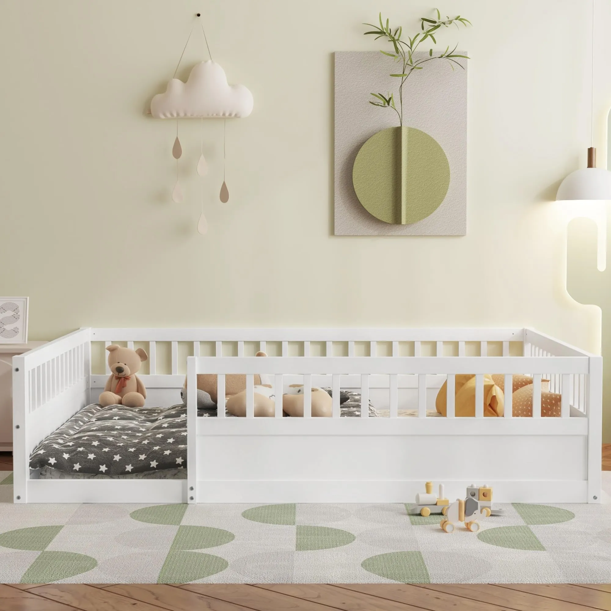 White Full Size Floor Bed Frame with Fence Kids Beds for Bedroom
