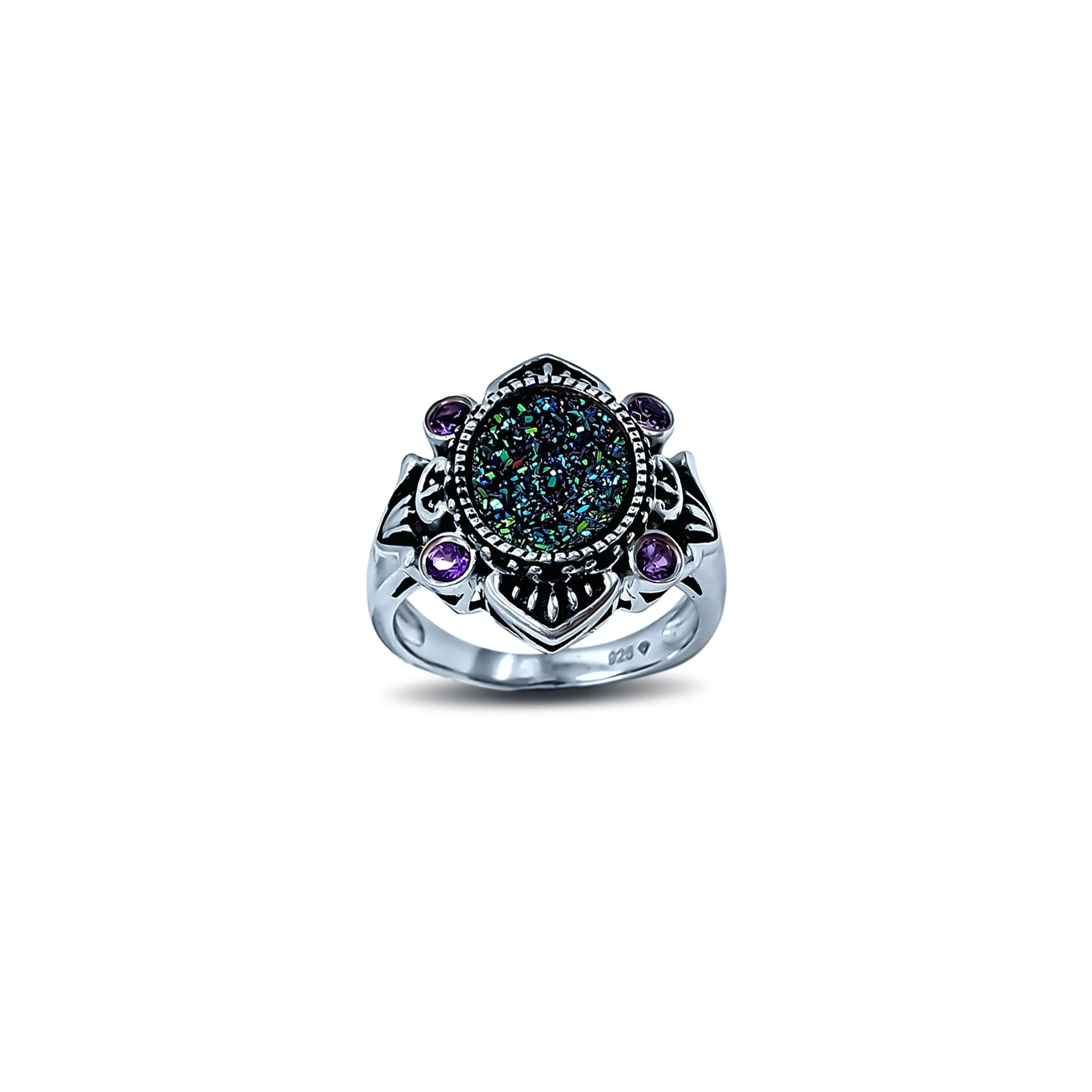 Zirconia Antique-Finish Vintage Flower Ring (Silver)